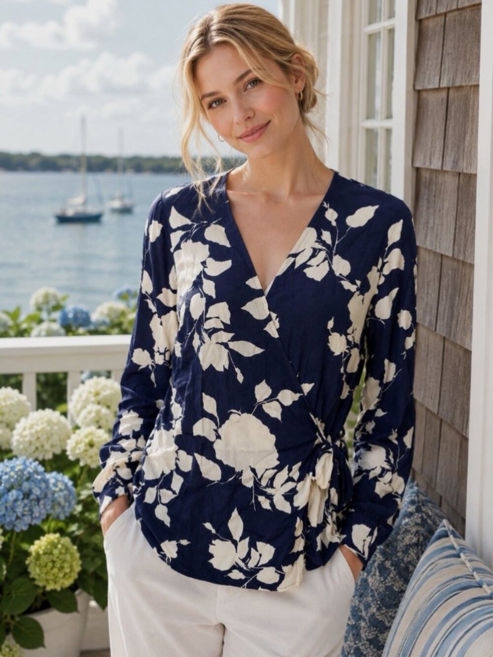 Talbots Navy Blue & White Floral Wrap Front Long Sleeve Blouse XS